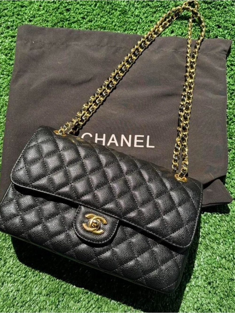 CHANEL Black Quilted Caviar Leather Shoulder Bag with Gold Chain Strap